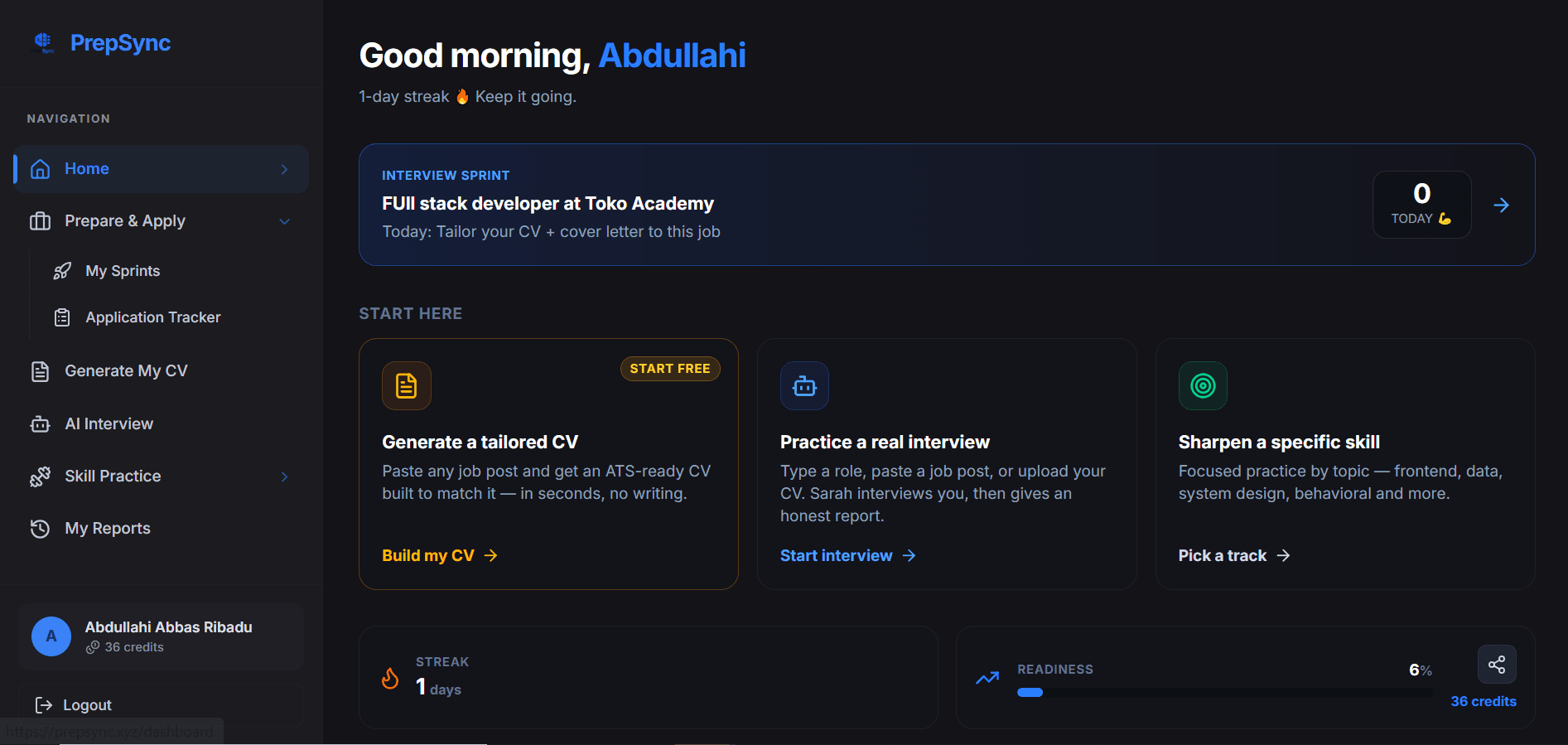 The PrepSync dashboard: interview sprint, tailored CV, mock interviews, skill practice and a readiness tracker, all in one place.